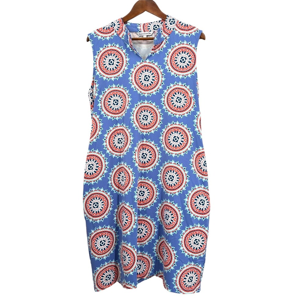 SUNSETS & SWEET TEA Blue Geometric Sleeveless Anywhere Dress UPF 50 Women's XL